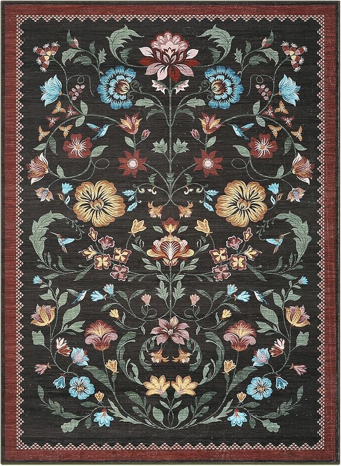 GarveeHome Washable Rug 8x10 Area Rugs for Living Room, Floral Rug for Bedroom, Soft Vintage Non Slip Throw Rugs with Rubber Back, Low Pile Stain Resistant Boho Floral Carpet for Dining Room, Red