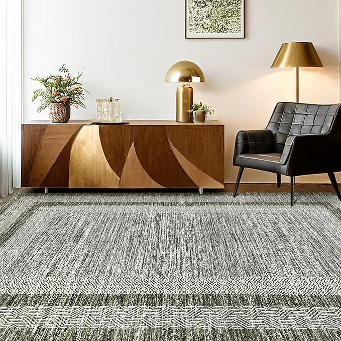 GarveeHome Modern Geometric Area Rug 5x7 Distressed Bordered Rug Washable Non Slip Floor Carpet Non Shedding Thin Rug, Soft Low Pile Rug, Contemporary Green Rug for Dining Room, Living Room