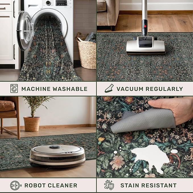 Dining Room Rugs for Under Table - 6x8 Washable Dark Green Area Rug for Living Room, Low Pile Non-Slip Floor Carpet for Bedroom - Vintage Design & Stain Resistance