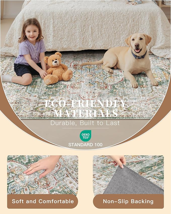 Madane Runner Rugs for Hallway 2x10 Long Washable Non-Slip Hallway Runner Rug Low-Pile Stair Kitchen Runner Soft Throw Carpet for Entrance Living Dining Laundry Room (Green, 2 x 10)