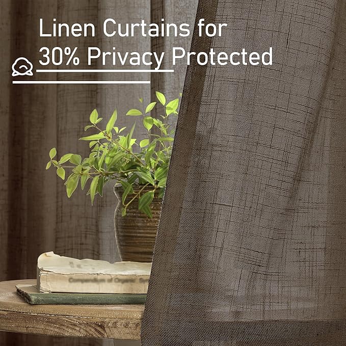 LAMIT Dark Brown Sheer Linen Curtains, 102 inch Light Filtering Semi Sheer Panels Back Tab and Rod Pocket Farmhouse Drapes for Bedroom/Living Room, 2 Panels, 52 x 102 Inch