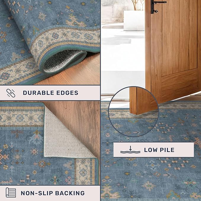 Hazo Haus Light Blue 2x8 Long Washable Runner for Hallway - Boho Non Slip Door Mats Indoor Entrance, Vintage Floral Runner Rugs for Kitchen Non Skid, Low Pile & Soft Indoor Décor