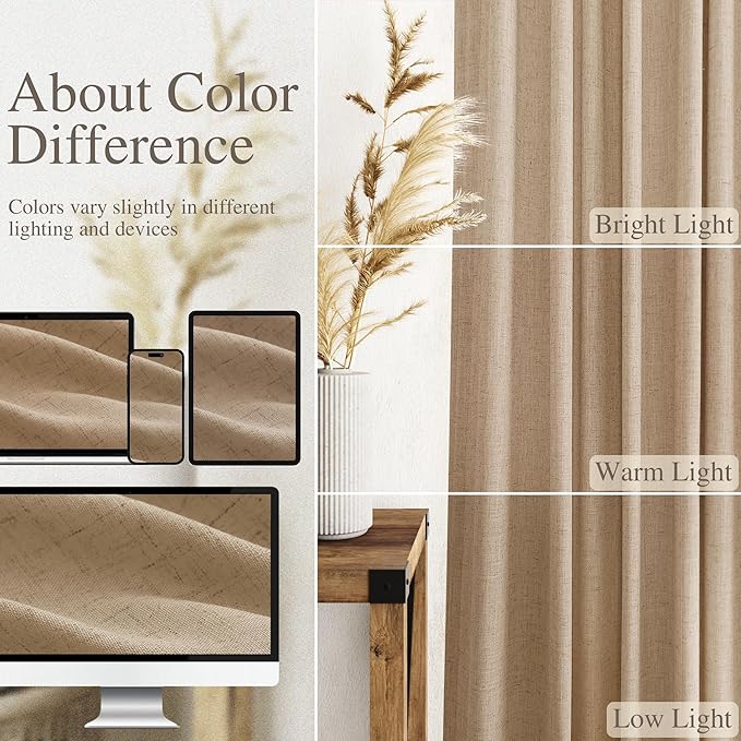 Nanspring Sand Beige Linen Curtains 84 Inch Length for Living Room Luxury Home Decor Light Filtering Semi Sheer Curtain Back Tab Simple Modern Privacy Burlap Drapes for Bedroom 52x84, 2 Panels