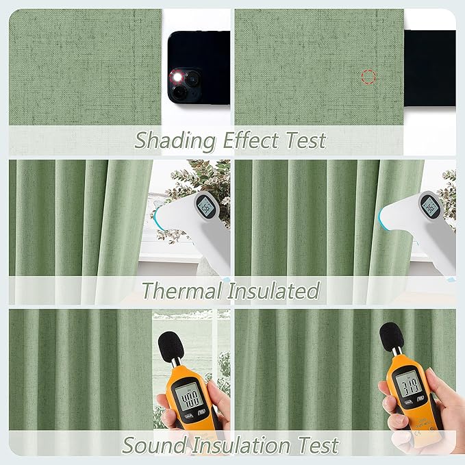Guken Light Sage 100% Blackout Linen Curtains 90 Inch Length 2 Panels Set for Living Room Bedroom Back Tab/Rod Pocket Thermal Insulated Black Out Drapes Room Darkening Window Curtains,52x90