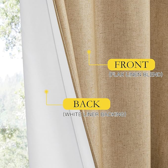 NICETOWN 100% Absolutely Blackout Linen Curtains with Thermal Insulated White Liner, Camel, W52 x L108, 2 Panels, Textured Linen Look Noise Reducing Window Treatments Drapes for Bedroom/Living Room