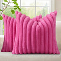 decorUhome Summer Cozy Faux Fur Throw Pillow Covers 26x26 Set of 2 Decorative Soft Plush Striped Modern Farmhouse Boho Couch Euro Sham Pillow Cases with Velvet Back for Sofa Bed Living Room, Hot Pink