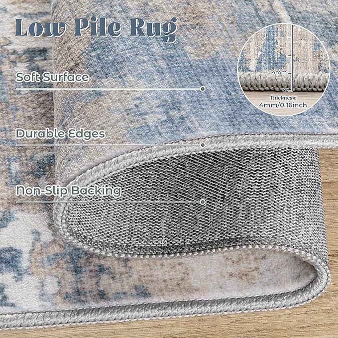 9x12 Area Rug for Living Room, Washable Modern Abstract Large Area Rug Neutral Soft Non Slip Kids Rug Stain Resistant Indoor Carpet for Bedroom Dining Room Playroom Office(BlueBeige, 9'x12')