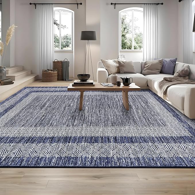 GarveeHome Modern Geometric Area Rug 5x7 Distressed Bordered Rug Washable Non Slip Floor Carpet Non Shedding Thin Rug, Soft Low Pile Rug, Contemporary Blue Rug for Dining Room, Living Room