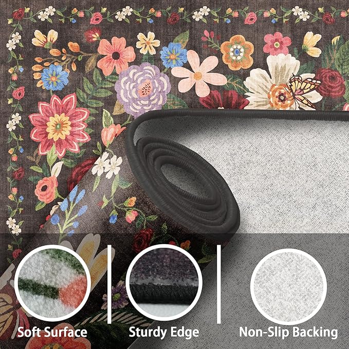 Floral Washable 6x9 Area Rugs, Soft Black/Brown Bedroom Rug for Living Room Ultra-Thin Non Slip Dining Room Rug, Stain Resistant Rugs Easy Clean Throw Carpet for Office(6 x 9, Black/Brown)