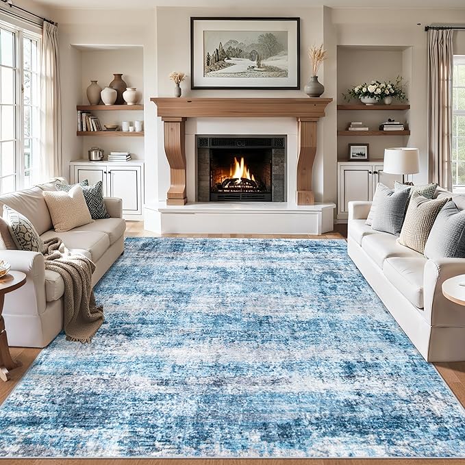 Area Rugs 10x12 Living Room - Washable Rug Modern Abstract Soft Large Neutral Non-Slip Carpet Indoor Floor Thin Carpets for Bedroom Dining Room Farmhouse Nursery Home Office Blue Grey
