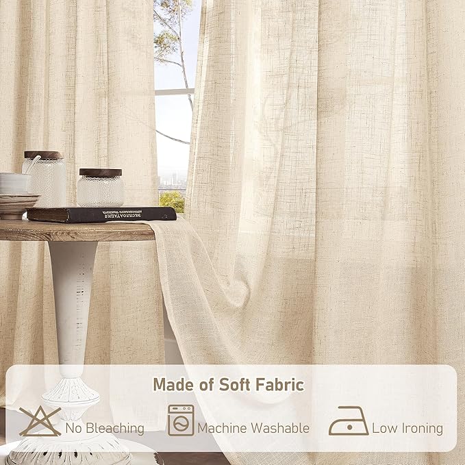 LAMIT Light Filtering Sheer Linen Curtains 102 inches Long, Linen Textured Semi Sheer Back Tab and Rod Pocket Natural Boho Drapes for Living Room/Farmhouse, 2 Panels, Linen, 52 x 102 Inch