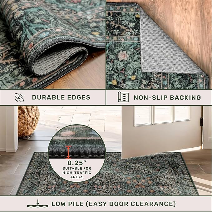 Washable Vintage 5x8 Living Room Rug, Dark Green Floral Area Rug for Bedroom Under Bed, Dining Room Under Small Dining Table, Office - Oriental Low Pile Non Slip & Stain Resistance (5x8 Dark Green)