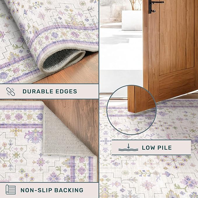 5x7 Light Purple Area Rug for Girls Bedroom, Living Room, Nursery, Non Slip Washable Area Rugs, Lavender and Cream with Green Accent, Low Pile Foldable Carpet