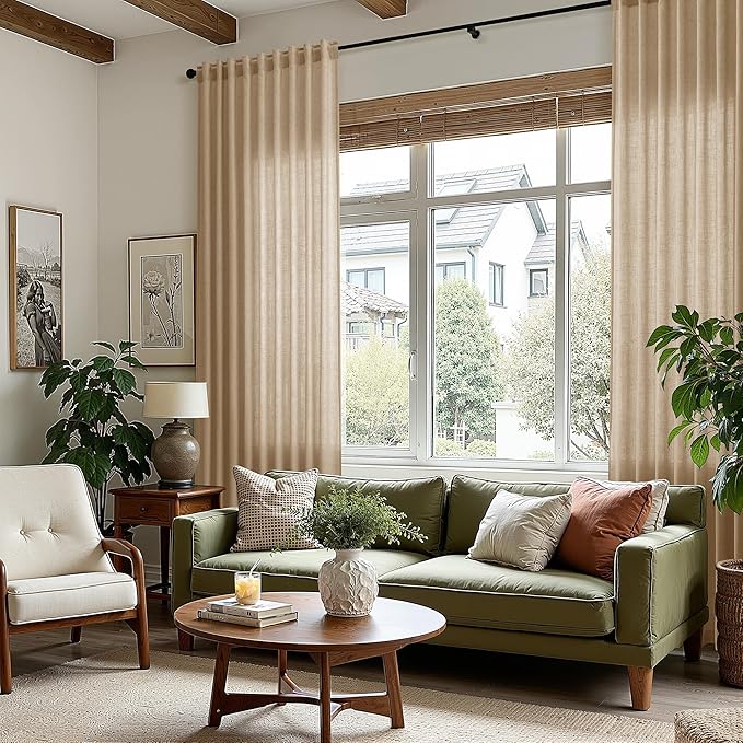 Sand Beige Linen Curtains for Living Room 100 Inches Long Simple Modern Light Filtering Semi Sheer Curtain Back Tab Rustic Farmhouse Luxury Home Decor Drapes for Bedroom Dinner Room 52x100, 2 Panels