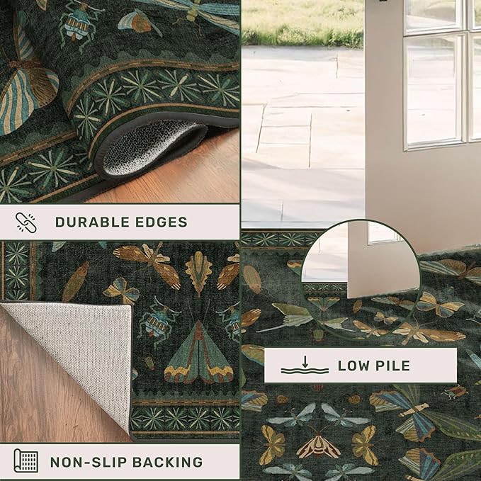Hazo Haus Forest Green Rugs for Living Room - 9x12 Big Rugs for Bedroom, Dining Room, Guest Room, Insect Moth Décor, Non Slip Low Pile