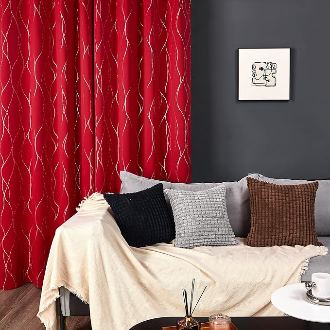 Deconovo Blackout Curtains, Christmas Red Curtain, Thermal Insulated Noise‑Reduced Drapes, Wave Line Dot Foil Print, 52 x 108 Inch Long, 2 Panels, Machine‑Washable Window Curtain for Party Living Room