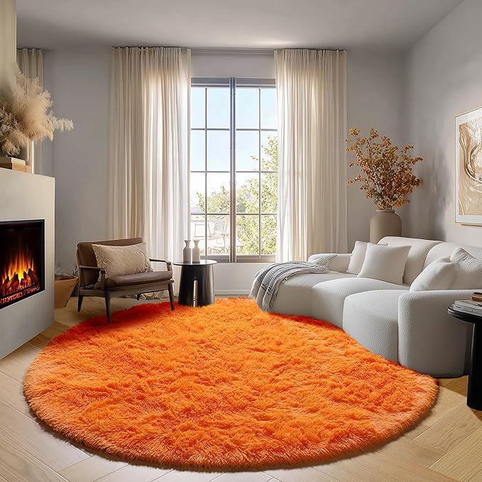 ONASAR Orange Round Area Rugs 4ft for Bedroom Living Room, Fluffy Circle Rug for Kids Girls Boys Teen, Soft Plush Shaggy Carpet for Nursery Dorm Classroom Playroom Home Decor Aesthetic