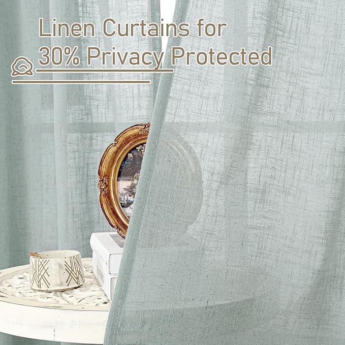 LAMIT 102 Inch Length Light Filtering Sheer Linen Curtains, Linen Textured Semi Sheer Back Tab and Rod Pocket Natural Boho Drapes for Living Room/Farmhouse, 2 Panels, Greyish Blue, 52 x 102 Inch