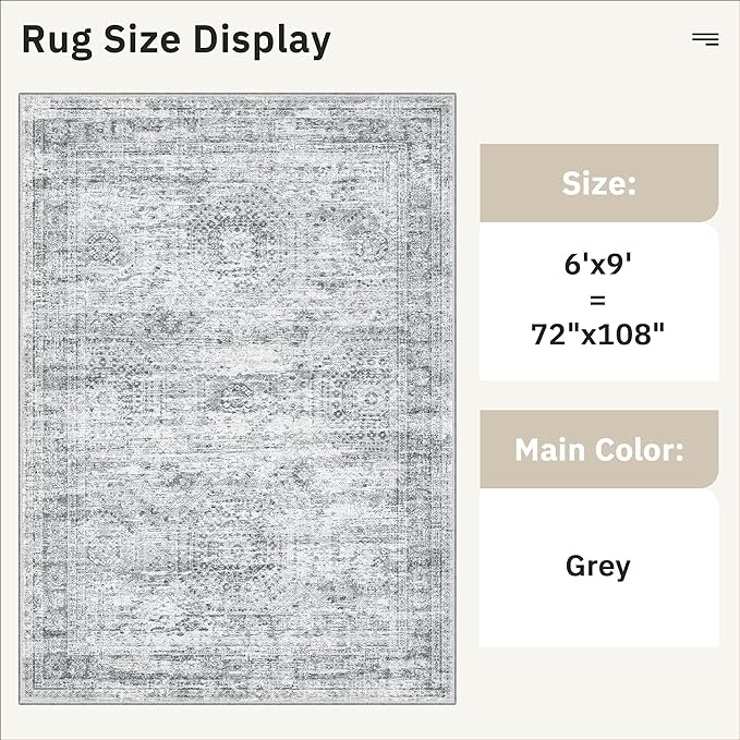 6x9 Area Rug for Living Room Washable 6x9 Gray Rug Non-Slip Modern Rugs for Bedroom Dinning Room Ultra-Thin Indoor Grey Rug