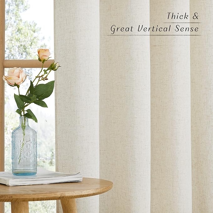 NICETOWN Flax Natural Linen Curtains for Room Divider, Grommet Top Thick Flax Semi Sheer Vertical Drapes Privacy Assured with Light Filtering for Sliding Glass Door, W68 x L84, 2 Pieces