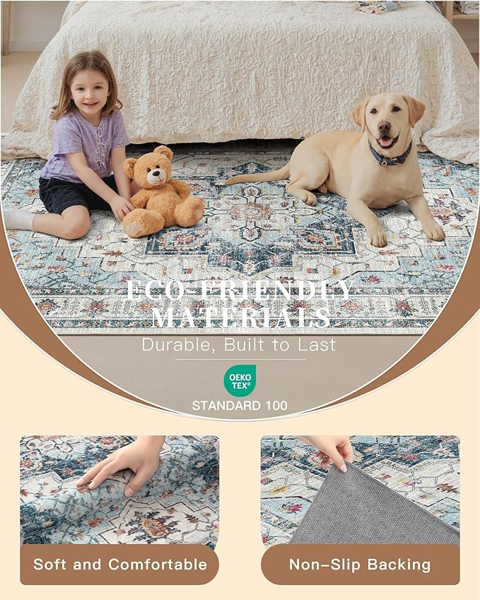 Madane Runner Rugs for Hallway 2x10 Long Washable Non-Slip Hallway Runner Rug Low-Pile Stair Kitchen Runner Throw Carpet for Entrance Living Dining Laundry Room (Blue, 2 x 10)