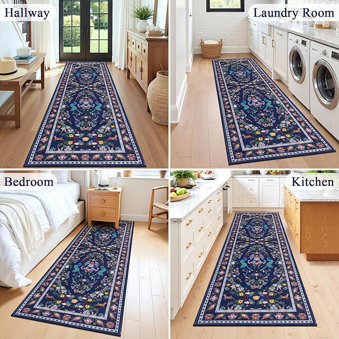 HEBE Washable Hallway Runner Rug 2'x 6' Non Slip Kitchen Rugs Runner,Low Pile Entryway Rug Laundry Room Mat Floral Carpet Runners for Hallways, Kitchen,Bathroom,Laundry,Bedside Rug