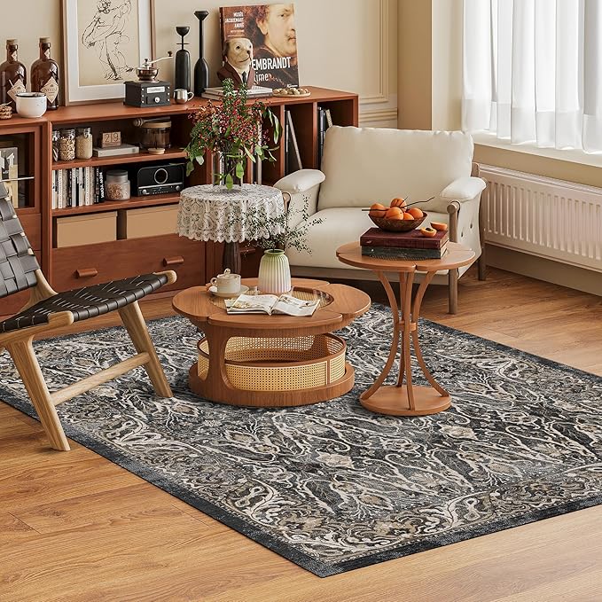 Washable Area Rug 9' x 12' Vintage Traditional Persian Mat - Foldable Distressed Non-Slip Machine Washable Carpet for Living Room Bedroom Kitchen Home Decor - Ebony and Taupe
