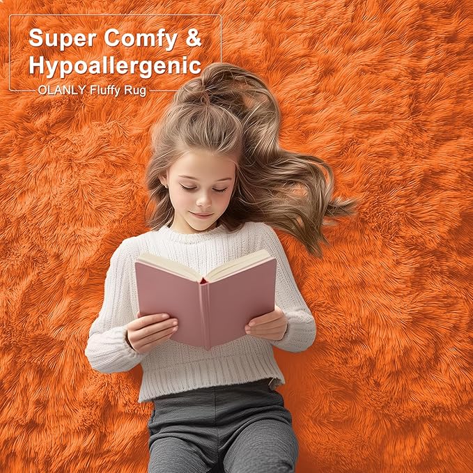 OLANLY 2x5 Machine Washable Runner Rugs for Hallway, Soft Fluffy Shaggy Bedside Rugs for Bedroom, Living Room, Indoor Floor Carpet for Kids Girls and Boys, Nursery Rooms, Home Decor Aesthetic, Orange