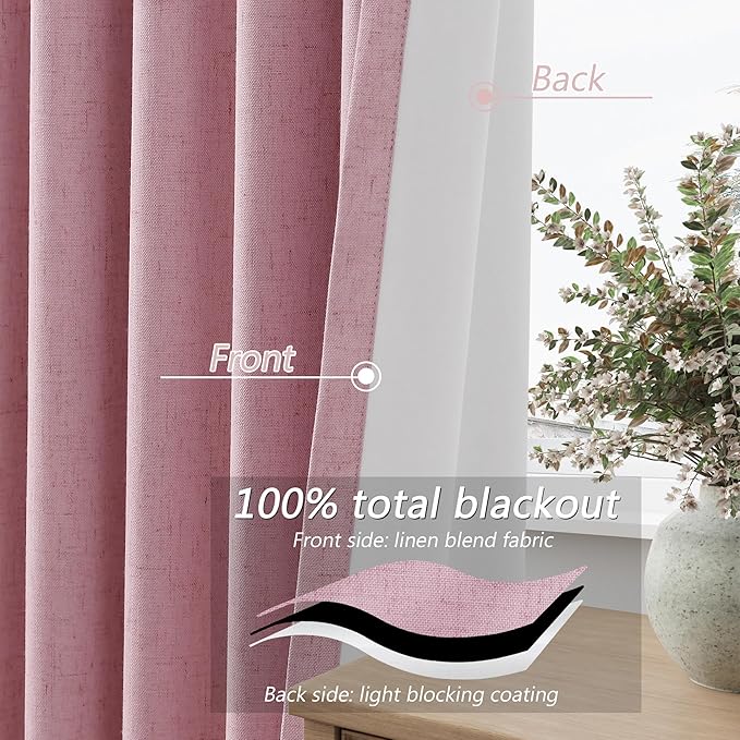 Guken 100% Blackout Curtains 108 Inch Length 2 Panels Set for Living Room Bedroom Back Tab Thermal Insulated Black Out Linen Drapes Room Darkening Rose,52x108