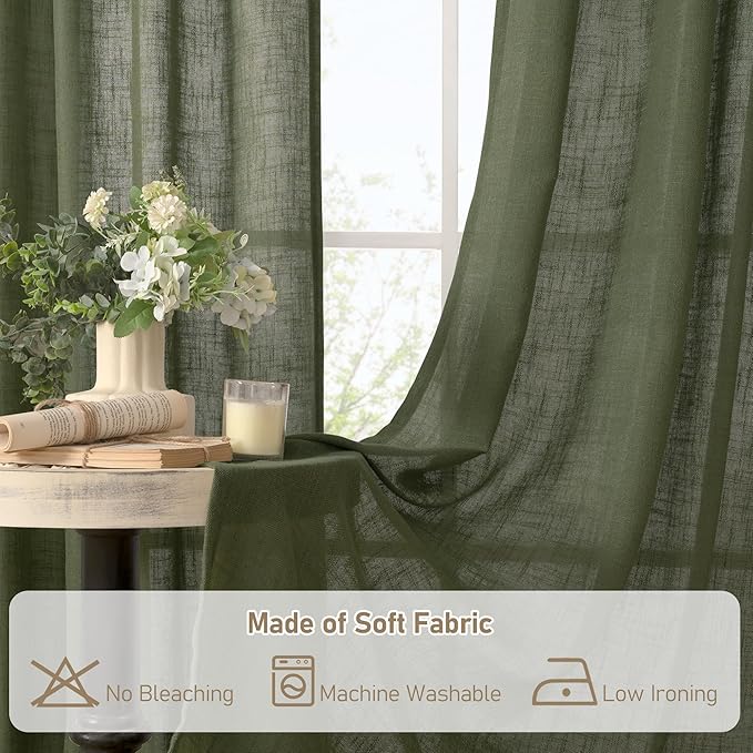 LAMIT Olive Green 72 inch Linen Curtains for Living Room 2 Panels, Linen Textured Light Filtering Semi Sheer Back Tab and Rod Pocket Christmas Curtain Panels for Bedroom/Farmhouse, 52 x 72 Inch