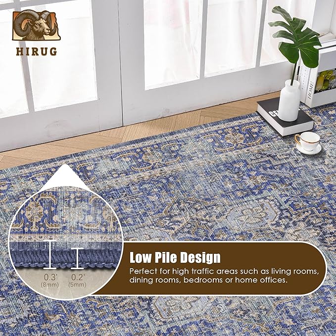 Washable Area Rug 8' x 10' Vintage Traditional Persian Mat - Foldable Distressed Non-Slip Machine Washable Carpet for Living Room Bedroom Kitchen Home Decor - Indigo and Gold