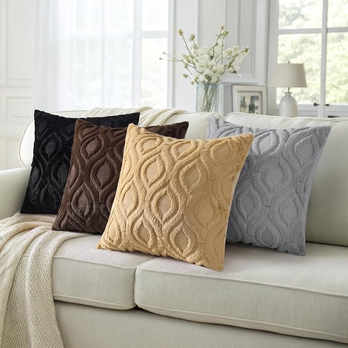 decorUhome Throw Pillow Covers 18x18 Inch Set of 2, Soft Plush Faux Wool Dark Brown Solid Couch Pillow Covers, Accent Farmhouse Neutral Square Pillow Cases for Sofa Bed Living Room