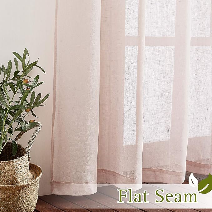 NICETOWN Flax Natural Blend Semi Sheer Curtains 72" L for Nursery, Decorative Grommet Semitransparent Casual Window Treatment Privacy Protect for Flat/Apartment, 52" W, 2 PCs, Dusty Blush