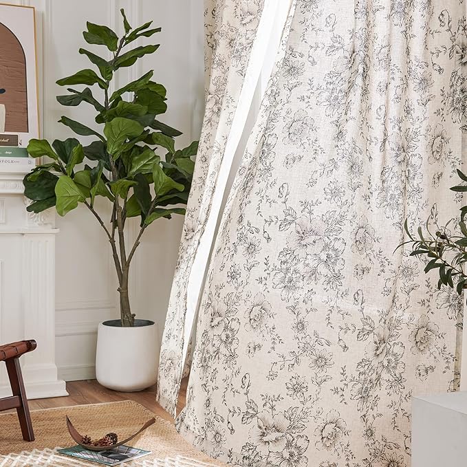 jinchan Linen Blend Curtain Floral Curtains for Living Room 45 Inch Length Black Printed Curtain Rod Pocket Back Tab Farmhouse Peony Flower Patterned Drapes Bedroom Window Curtains Set 2 Panels