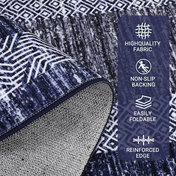 GarveeHome Modern Geometric Area Rug 5x7 Distressed Bordered Rug Washable Non Slip Floor Carpet Non Shedding Thin Rug, Soft Low Pile Rug, Contemporary Blue Rug for Dining Room, Living Room