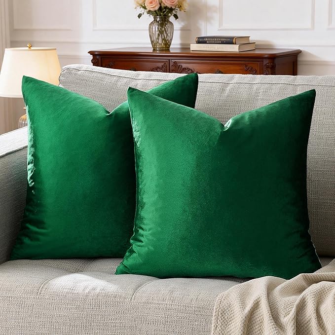 GIGIZAZA Decorative Couch Forest Green Pillow Covers,Set of 2 Throw Pillow Cushion Covers 24x24,Square Sofa Velvet Pillow Cases