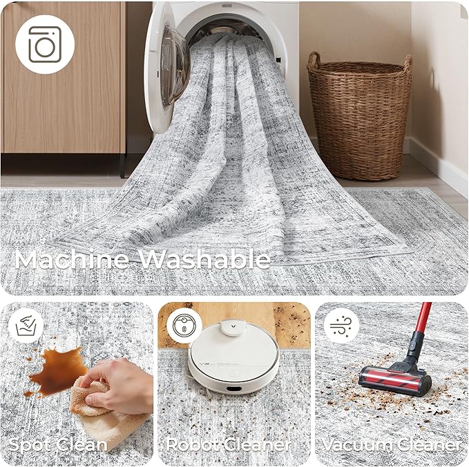 3x10 Runner Rug Non Slip Washable for Entryway, Vintage Hallway Runner for Front Porch, Laundry Room, Bedroom, Abstract Stain Resistant Thin Indoor Kitchen Mats for Floor(3'x10', Grey/Ivory)