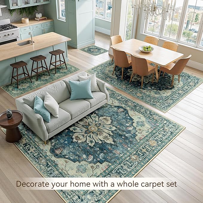 Area Rugs 2'x6' Runner Rug Non Slip Washable for Kitchen Hallway Bedroom Beside Laundry Room Bathroom Rug, Floor Carpet, Dark Blue Vintage