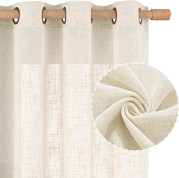 LAMIT 48 Inch Length Short Linen Curtains 2 Panels, Cream Ivory Light Filtering Panels Bronze Grommet Semi Sheer Drapes for Kitchen/Small Windows/Cafe, 34 x 48 Inch