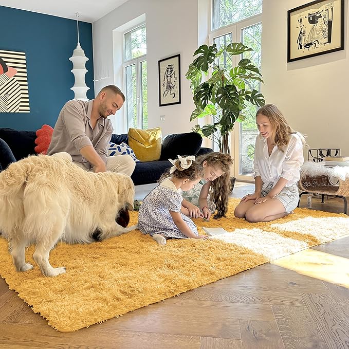 OLANLY 2x8 Machine Washable Runner Rugs for Hallway, Soft Fluffy Shaggy Bedside Rugs for Bedroom, Living Room, Indoor Floor Carpet for Kids Girls and Boys, Home Decor Aesthetic, Mustard Yellow