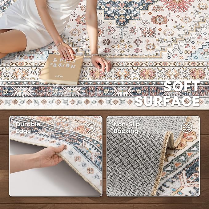 zesthome 10x14 Area Rugs for Living Room,Non-Slip Backing Washable Rugs,Vintage Large Area Rug，Stain Resistant Home Decor Rug (Multi,10'x14')