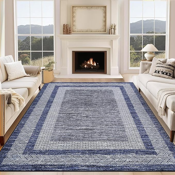GarveeHome 8x10 Large Washable Area Rug Modern Bordered Rug Distressed Geometric Floor Carpet, Soft Non Slip Rug, Low Pile Non Shedding Rug, Indoor Blue Rug for Bedroom, Living Room