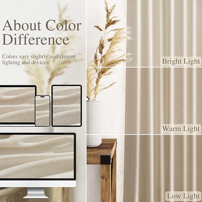 Nanspring 108 Inch Long Curtains for Living Room Birch Beige Linen Modern Farmhouse Decor Light Filtering Semi Sheer Curtain Back Tab Luxury Floor to Ceiling High Window for Bedroom 52x108, 2 Panels