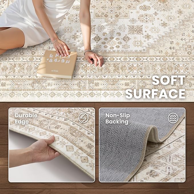 zesthome 4x6 Rug - Stain Resistant Washable Rug, Anti Slip Backing Rugs for Living Room, Foldable Vintage Small Area Rugs (Cream/Beige,4'x6')