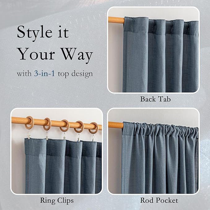 MYSKY HOME 95 Inch Semi Sheer Sliding Door Curtains Farmhouse Light Filtering Window Curtain Drapes for Patio Living Room, Linen Look Texture Fabric Bohemian Draperies, 50x95, Dusty Blue, 2 Panels