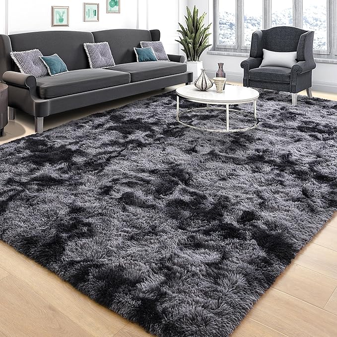 Tepook Fluffy Large Rugs for Living Room, Area Rug 6x9 Carpet for Bedroom, Modern Shaggy Rug for Kids Boys Girls, Plush Indoor Nursery Home Decor Rug with Non-Slip Bottom, Tie-dye Dark Grey