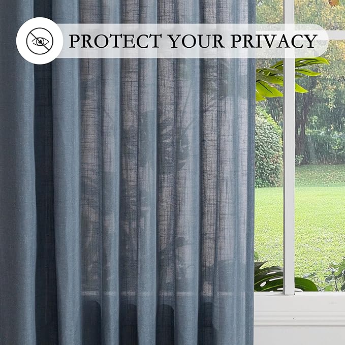 MYSKY HOME Living Room Curtains 90 Inches Long Farmhouse Light Filtering Privacy Curtain Drapes for Patio Door, Linen Look Texture Fabric Bohemian Draperies Soft Touch, 100" Wide, Dusty Blue, 1 Pieces