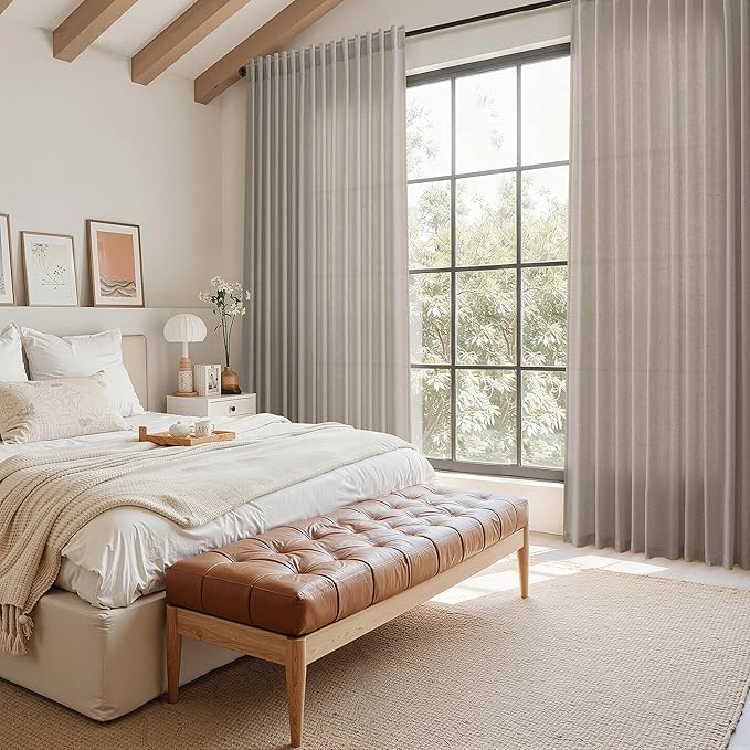 Nanspring Ecru Linen Curtains 96 Inches Long for Living Room Rustic Luxury Light Filtering Semi Sheer Curtain Back Tab Burlap Flax Natural Farmhouse Decor Drapes for Bedroom 52x96, 2 Panels