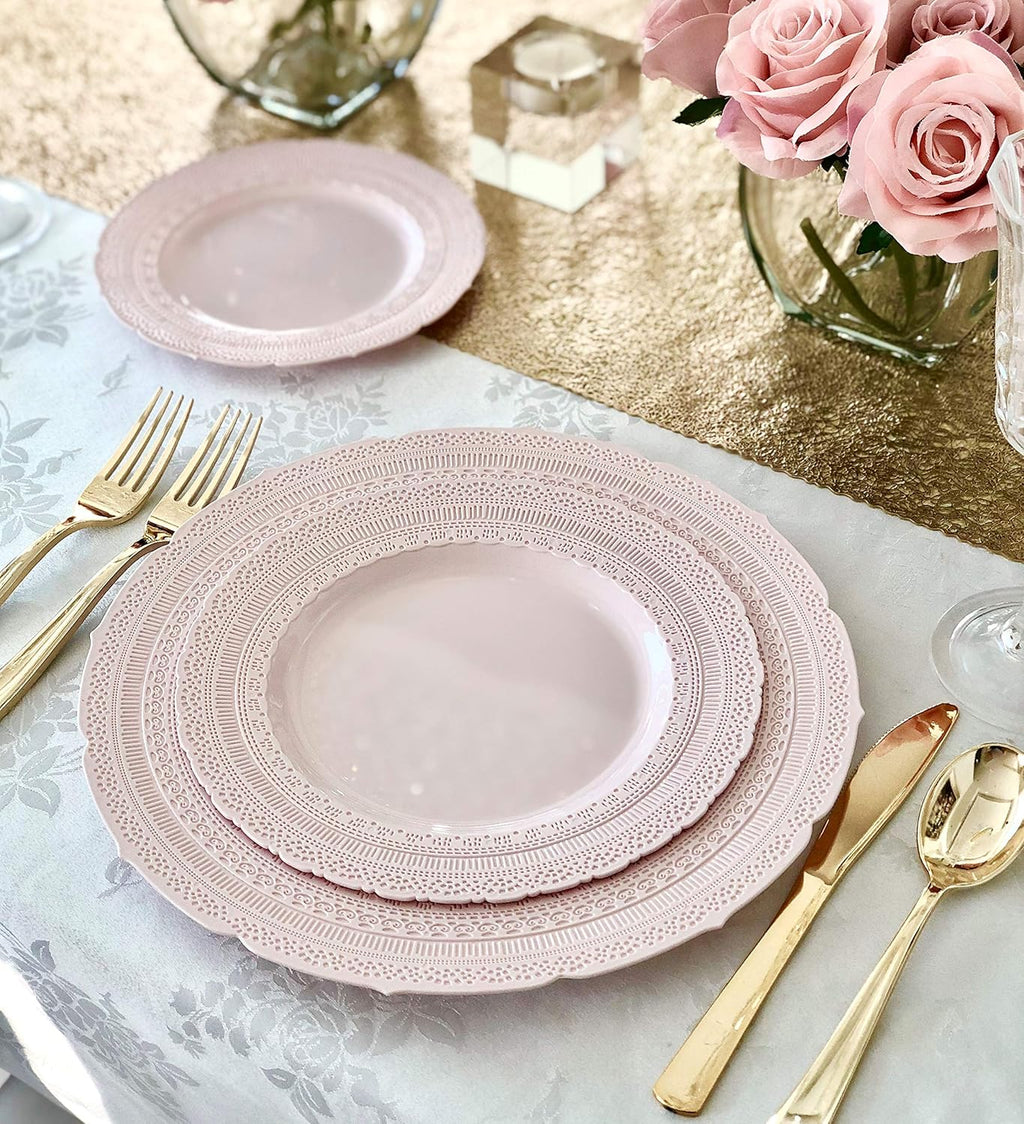 " OCCASIONS " 60 Plates Pack, Extra Heavyweight Vintage Wedding Party Disposable Plastic Plates (8.25'' Appetizer/dessert plate, Chateau in Blush/Dusty Rose Pink)