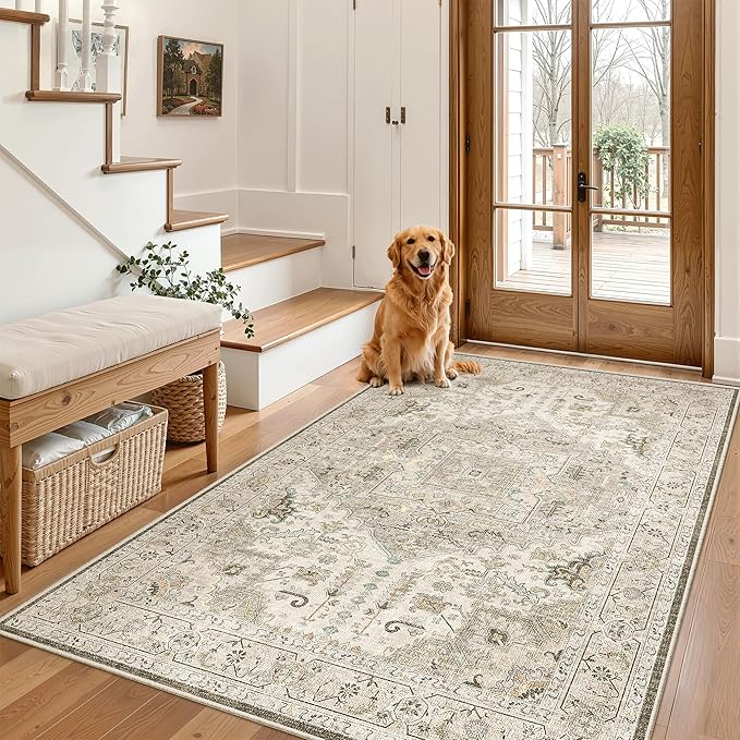 Madane Area Rug 4x6 Washable Rugs: Vintage Living Room Rug Soft Low Pile Non Slip Area Rugs Distressed Indoor Floor Carpet for Bedroom Kitchen Dining Room Home Decor, Ivory/Brown